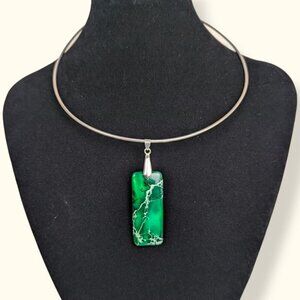 Vintage 18K GP Green Jasper Pendant